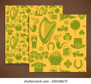 Vector modern seamless pattern on Saint Patrick's Day featuring Ireland harp, clover leaves, leprechaun hat, shoe, pint of beer, pot of gold and more | St. Patrick's Day wrapping paper pattern