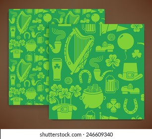 Vector modern seamless pattern on Saint Patrick's Day featuring Ireland harp, clover leaves, leprechaun hat, shoe, pint of beer, pot of gold and more | St. Patrick's Day wrapping paper pattern