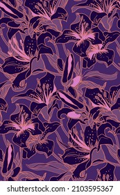 Vector modern seamless pattern with silhouettes and contour of Lily flowers drawn by hand in velvet violet and very peri tones. Trendy home textile, wallpaper, fabric, bedding, package.