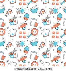 Vector modern seamless pattern texture background of flat food, restaurant menu icons. Thin line illustration design for wallpapers, print,, packaging, magazines and backdrops on websites