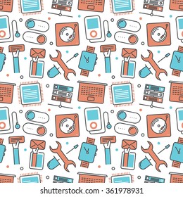 Vector modern seamless pattern texture background of flat technology and gadget icons. Thin line illustration design for wallpapers, print, packaging, magazines and backdrops on websites