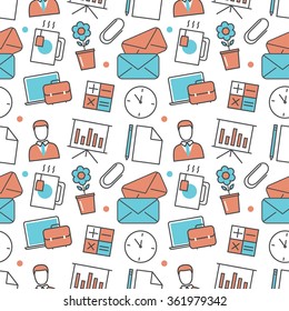 Vector modern seamless pattern texture background of flat office, work tools icons. Thin line illustration design for wallpapers, print,, packaging, magazines and backdrops on websites