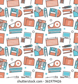Vector modern seamless pattern texture background of flat office, work tools icons. Thin line illustration design for wallpapers, print, packaging, magazines and backdrops on websites