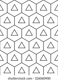 Vector modern seamless sacred geometry pattern hexagon triangles, black and white abstract geometric background, trendy print, monochrome retro texture, hipster fashion design