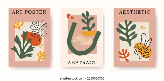 Vector modern set of abstract contemporary aesthetic posters with geometric balance shapes, stones, plant corals. Trendy mid century modern art illustrations, prints, boho minimalistic wall decor
