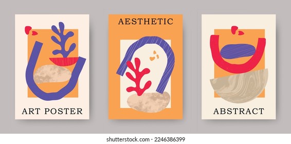 Vector modern set of abstract contemporary aesthetic posters with geometric balance shapes, stones, plant corals. Trendy mid century modern art illustrations, prints, boho minimalistic wall decor