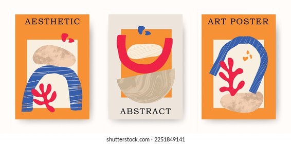 Moderne, abstrakte, zeitgenössische ästhetische Plakate mit geometrischen Balanceformen, Steinen, Pflanzenkorallen. Moderne Kunstillustrationen, Drucke, minimalistische Wanddekor aus dem Mittelalter