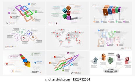 Vector modern set of business infographic design template, steps or parts. 
3D, flat and line modern infographics.