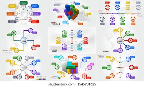 Vector modern set of business infographic design template, steps or parts. 
3D, flat, circle and line modern infographics.