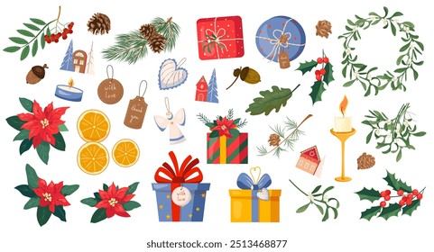 Vector modern set Christmas decor elements with cones, mistletoe, poinsettia, presents, candles Happy New Year stylish illustrations of winter objects for design greeting card, poster, packaging paper