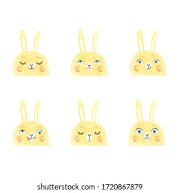 Vector modern set with cute illustrations of bunnies with different emotions. 