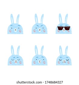 Vector modern set with cute illustrations of bunnies with different emotions. Use it as element for design greeting card, poster, chat messenger cartoon emotes, Social Media post, children game design
