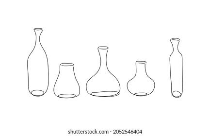 Vector modern set of  doodle vases, bottles. Pattern vases drawn by one line on a white background.