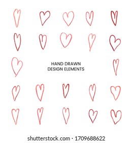 Vector modern set with hand drawn doodle llustrations of heart. Can be used as elemets for design greeting cards, poster, card, packaging paper design