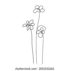 Vector modern set of isolated hand drawn doodle flowers. Pattern of flowers drawn by one line on a white background.
