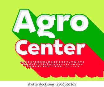 Vector modern sign Agro Center. White Font with big Red shadow. 3D Alphabet Letters, Numbers and Symbols set