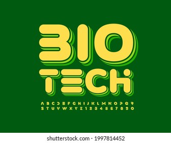 Vector modern sign Biotech with layered Font. Futuristic Alphabet Letters and Numbers set