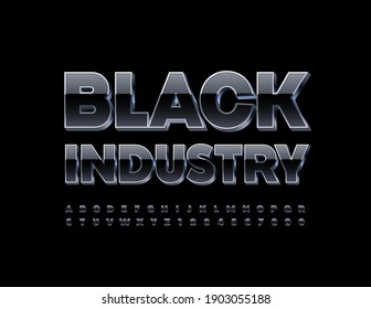 Vector Modern Sign Black Industry. 3D Reflective Font. Black And Metal Alphabet Letters And Numbers Set