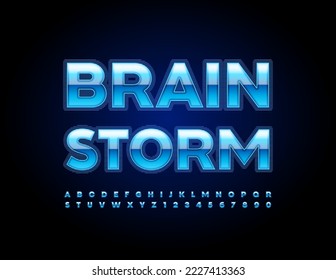 Vector modern sign Brain Storm. Glossy Blue Font with line print. Digital style Alphabet letters and Numbers set