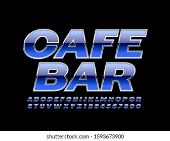 Vector modern sign Cafe Bar with silver Font. Blue and Metal Alphabet Letters and Numbers