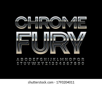 Vector modern sign Chrome Fury. Industrial Metallic Font. Iron creative Alphabet Letters and Numbers