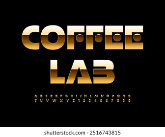 Vector modern sign Coffee Lab. Futuristic style Font. Exclusive Gold Alphabet Letters and Numbers set.