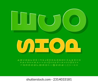 Señal moderna de vectores Eco Shop. Tipo de letra sticker creativo. Conjunto de letras, números y símbolos de rotación verde del alfabeto