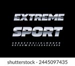 Vector modern sign Extreme Sport. Unique Silver Font. Trendy Metallic Alphabet Letters and Numbers set.