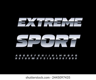 Signo moderno de Vector Extreme Sport. Única fuente plateada. Juego de letras y números metálicos de moda.