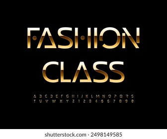 Vector modern sign Fashion Class. Cool Golden Font. Futuristic style Alphabet Letters and Numbers set.