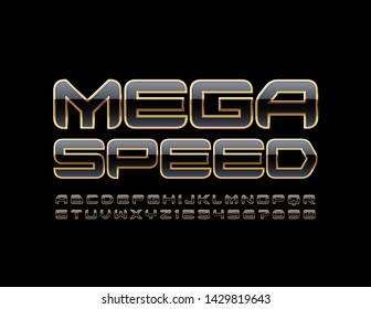 Signo moderno Vector Mega Speed con letras y números estilo tecno. Alfabeto negro y dorado en mayúscula. Futurista y elegante fuente