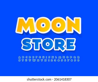 Vector modern Sign Moon Store. Bright Blue Font. Creative Alphabet Letters and Numbers set