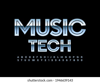 Sinal vetor moderno Music Tech. Fonte metálica brilhante. Conjunto de letras e números do alfabeto de aço criativo