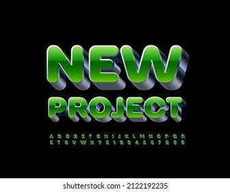 Vector modern sign New Project with Green and Metal Font. 3D Alphabet Letters and Numbers set