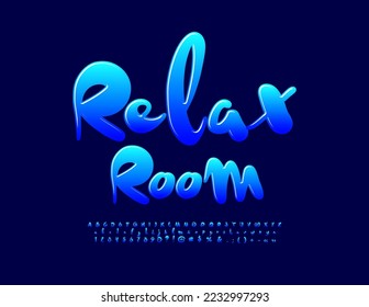 Vector modern sign Relax Room.  Blue handwritten Font. Stylish glossy Alphabet Letters and Numbers set