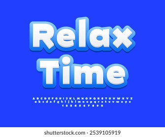 Vector modern sign Relax Time. White and Blue Trendy Font. Decorative White Alphabet Letters and Numbers set. 