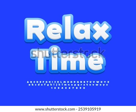 Vector modern sign Relax Time. White and Blue Trendy Font. Decorative White Alphabet Letters and Numbers set. 