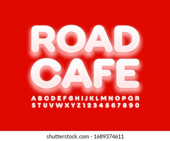 Vector modern sign Road Cafe with creative Font. White glow Alphabet Letters and Numbers