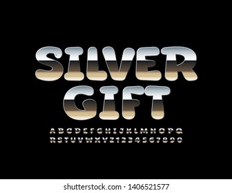 Señal moderna del vector Silver Shop con letras y números de alfabeto superior brillantes. Fuente reflectante de metal