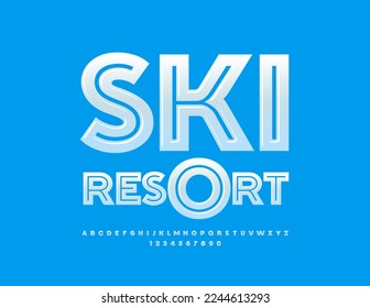 Vector modern sign Ski Resort. White Glossy Font. Stylish Alphabet Letters and Numbers