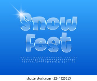 Signo vectorial moderno Festival de Nieve. Fuente de cristal brillante. Letras, números y símbolos de alfabeto de vidrio.