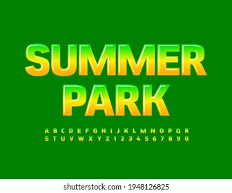 Vector moderno de señas Parque de Verano. Fuente de gradiente brillante. Letras y números de alfabeto creativos