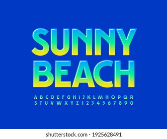 Vector modern sign Sunny Beach. Gradient color Font. Bright glossy Alphabet Letters and Numbers set