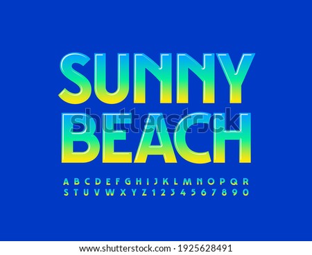 Vector modern sign Sunny Beach. Gradient color Font. Bright glossy Alphabet Letters and Numbers set
