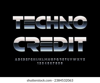 Signo moderno vectorial Techno Credit. Estilo futurista Tipo Font. Juego de las letras y números de los alfabetos plateados de moda. 
