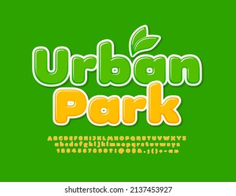 Vector modern sign Urban Park with decorative Leaves. Yellow set of Alphabet Letters, Numbers and Symbols. Bright glossy Font