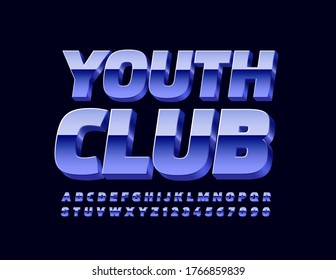 Vector Modern Sign Youth Club With 3D Metal Font. Blue Chrome Alphabet Letters And Numbers