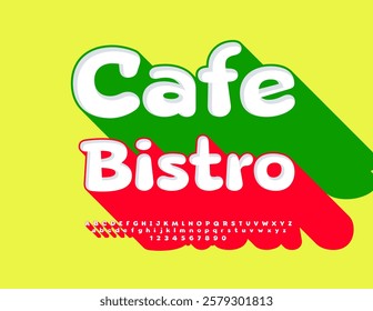 Vector Modern signboard Cafe Bistro. 3D Font with Big Red Shadow. Artistic Alphabet Letters and Numbers set.