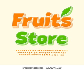 Vector modern Signboard Fruits Store. Orange 3D Font. Creative Alphabet Letters and Numbers set