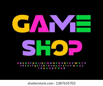 Vector modern signboard Game Shop. Futuristic style Font. Bright colorful Alphabet Letters and Numbers set